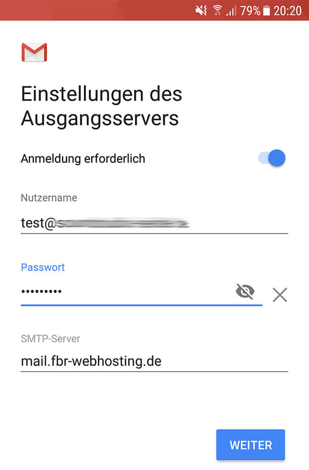 Android Postausgang Server Einstellungen SMTP Adresse Passwort Benutzername