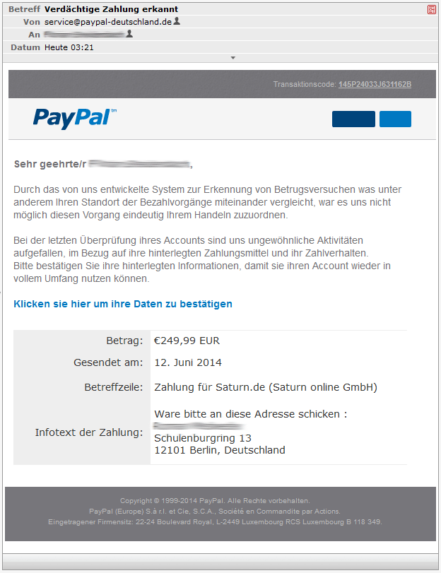 Verdächtige Zahlung erkannt - Paypal Phishing Mail